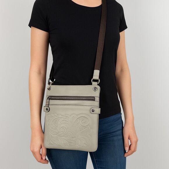 Patricia Nash Burnished Tooled Leather Francesca Organizer Crossbody Bag in Gray - Picture 1 of 12
